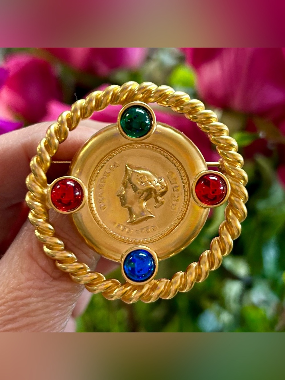 1980’s Queen Victoria Coin Brooch with Cabochons